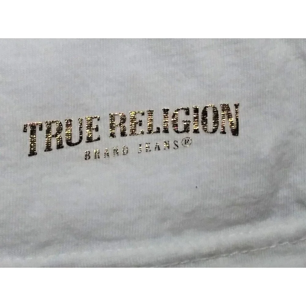 True Religion Brand Jeans T-Shirt Large white & Metallic Gold cotton short slv